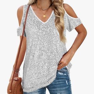 ALLTB Sexy Cold Shoulder Sparkle Basic Tee Shirt - Never Worn!! - M